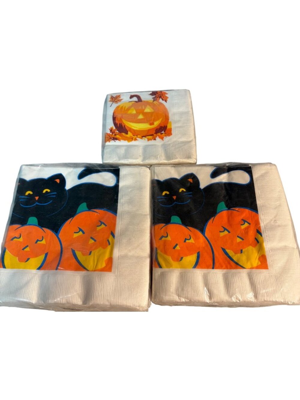 Vintage New Hallmark Halloween Lot of 3 Napkins Black Cat Pumpkin Jack o Lantern
